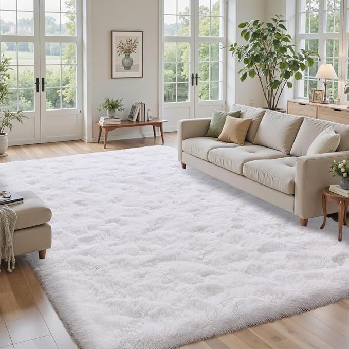 9x12 ft Fluffy White Rugs for Living Room Soft Fuzzy Bedroom Area Rug Non-Slip Shaggy Carpet for Nursery Kids PlayRoom Dorm Office Indoor Modern Plush Carpet Teens