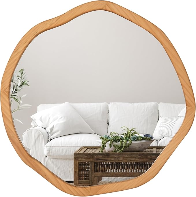 ULIKE Round Wood Mirror, 24 Inch Irregular Circle Vanity Wall Mirror with Wooden Frame, Rustic Decorative Wall Mount for Bathroom Bedroom Living Room Entryway, Natural
