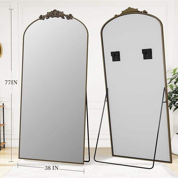 Vintage Full Length Mirror,78"x38" Arched Antique Floor Mirror with Carved Metal Frame,Large Standing Wall Mounted or Leaning Mirror for Bedroom Living Room Entryway,Bronze