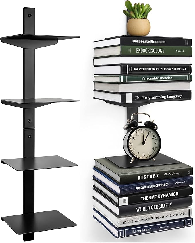 Floating Book Shelves for Wall, 4 Tier Invisible Floating Bookshelf, Vertical Spine Book Tower, Wall Mounted & Space Saving, Heavy Duty Metal Book Organizer for Home Office, 2 Pack Black
