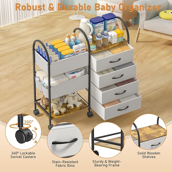Baby Diaper Caddy Organizer Cart with Wheels, 4-Tier Rolling Diaper Cart with Dividers and Drawers, Multi-Layer Nursery Storage for Diapers & Baby Essentials