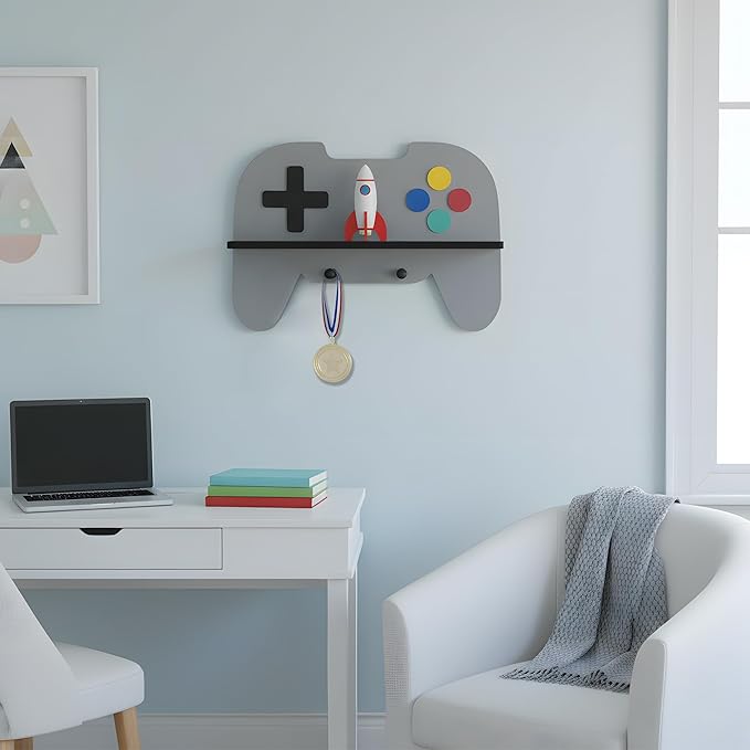 Game Room Decor Gaming Floating Shelf for Wall - Retro Controller Shaped Wooden Display Rack with Hooks for Controllers and Headphones, Gray, Gaming Room Organizer for Boys and Teens