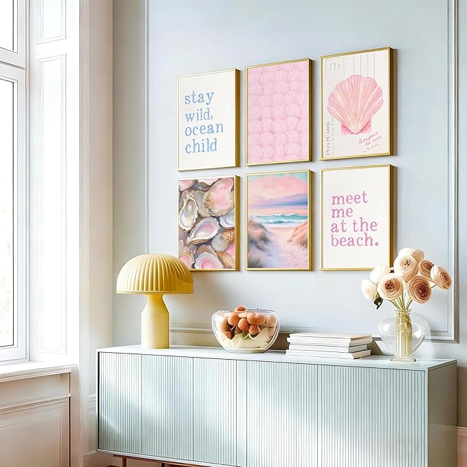 6Pcs Pink Beach Preppy Wall Art Prints Coastal Granddaughter Aesthetic Wall Decor Pictures Summer Oyster Shell Meet Me At The Beach Posters for Girly Bedroom Dorm Apartment Home Decoration 12x16in