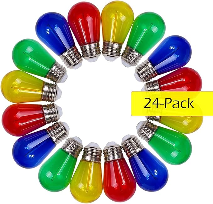 Jslinter Colored String LED Light Bulbs - 1 watt Plastic Outdoor Indoor S14 Bulbs for Christmas String Light Replacement - Shatterproof - E26 Base - 24Pack - Red/Blue/Yellow/Green