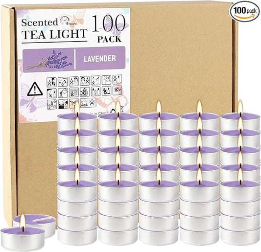 Howemon Purple Lavender Scented Tealight Candles - 4 Hours - Giant 100 Bulk Packs - Smokeless Tea Lights for Valentine's Day, Weddings,Christmas, Home Decorative