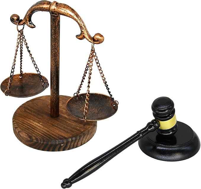 Owlgift Justice Balance Scale with Fixed Beam and Gavel Set – 8” Courtroom Decor with Wooden Base – Decorative Gift for Lawyers, Judges, Auctioneers & Students