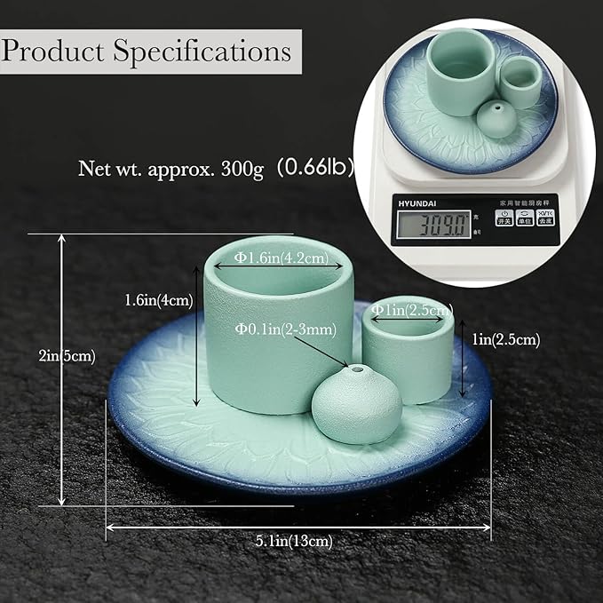 4 in 1 Multifunctional Ceramic Incense and Candle Holder with Ash Catcher Tray Suit for Burning White Sage, Palo Santo Sticks (Sky Blue)