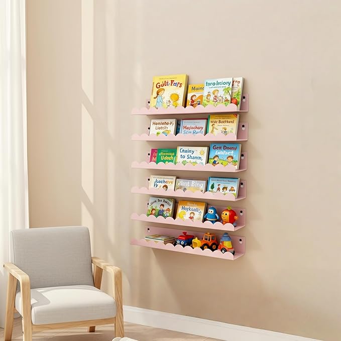 Nursery Book Shelves Set of 6, Pink Metal Floating Shelves for Wall, 16 Inch Scalloped Book Shelf for Kids Room, Bathroom, Bedroom, Playroom Wall Decor & Storage
