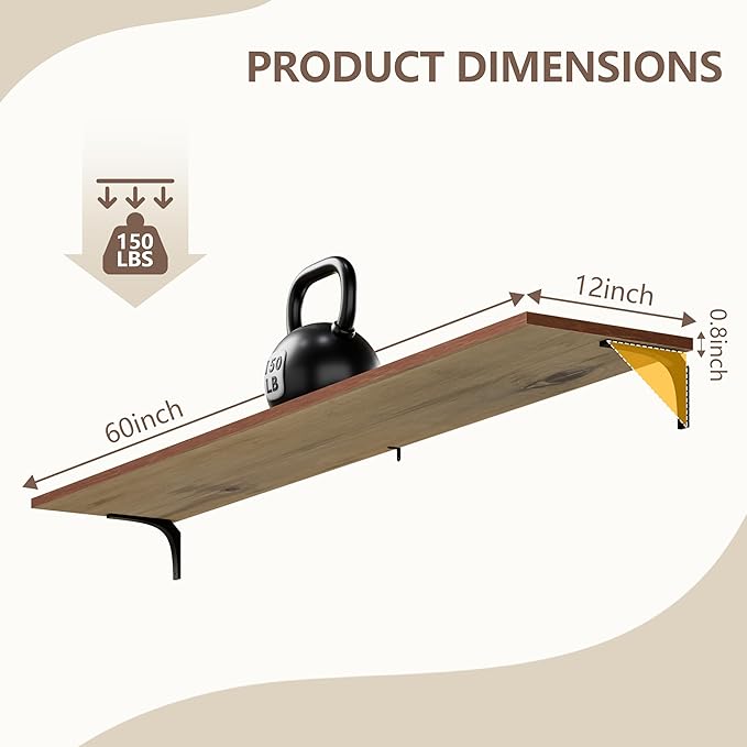 12 Inch Deep Floating Shelves Set of 2, 60 Inch Extra Wide Brown Solid Wood Wall Shelves, 5ft Heavy Duty Farmhouse Wall Mounted Shelving for Kitchen, Living Room & Bedroom