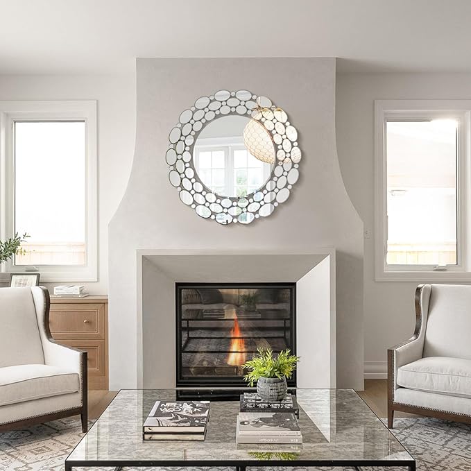32" Large Round Wall Mirrors, Modern Silver Mirror for Wall Decor, Elegant Decorative Mirror for Entryway, Living Room, Bedroom, Bathroom, Dining Room