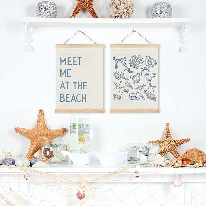 RYYCDOI Seashell Cowgirl Beach Room Decor Set of 2, Meet Me At The Beach Wall Decor, Blue Beach Decor for Teen Girls Room, 12x16 Inches