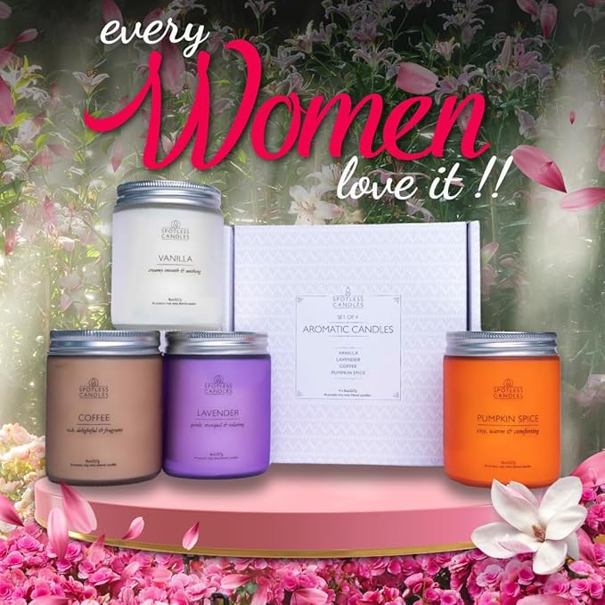 Candles for Women - 4 x 8oz Colored Glass Jars (3.7" H x 2.87" Dia) Mixed Set of Classic Scents Pumpkin Spice, Coffee, Vanilla, Lavender, 200 Hours Burn Time, Classic Candle Set by Spotless Leopard