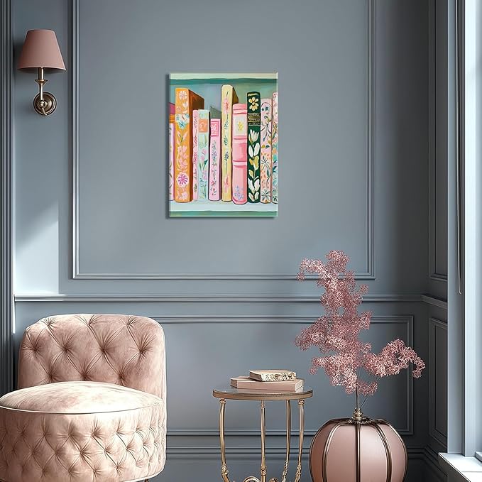 Book Wall Art Vintage Flower Books Canvas Wall Decor Pastel Bookshelf Artwork Painting Pictures Colorful Book Stack Posters Prints for Living Room Bedroom Reading Nook 16x24 Inch Framed