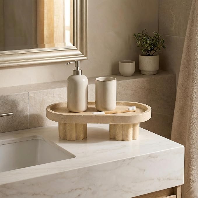 Natural Travertine Tray with Feet – Decorative Marble Tray for Bathroom, Jewelry & Makeup, Kitchen Countertop Decor, Entryway Catchall Organizer, Decorative Stone Trays 10 FDA Food Safe