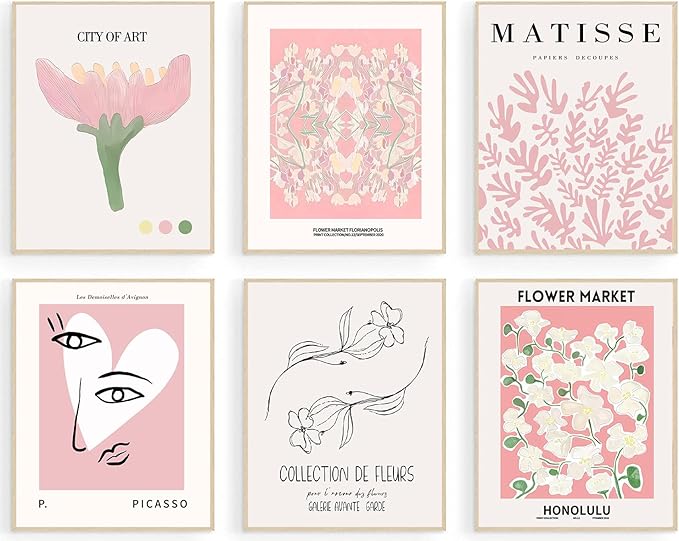 Pink Flower Market Poster, Minimalist Matisse Wall Art Prints, Abstract Floral Flower Posters for Room Aesthetic, Boho Canvas Art Prints for Bedroom, Vintage Gallery Paintings Wall Decor（8x10inch, Unframed)
