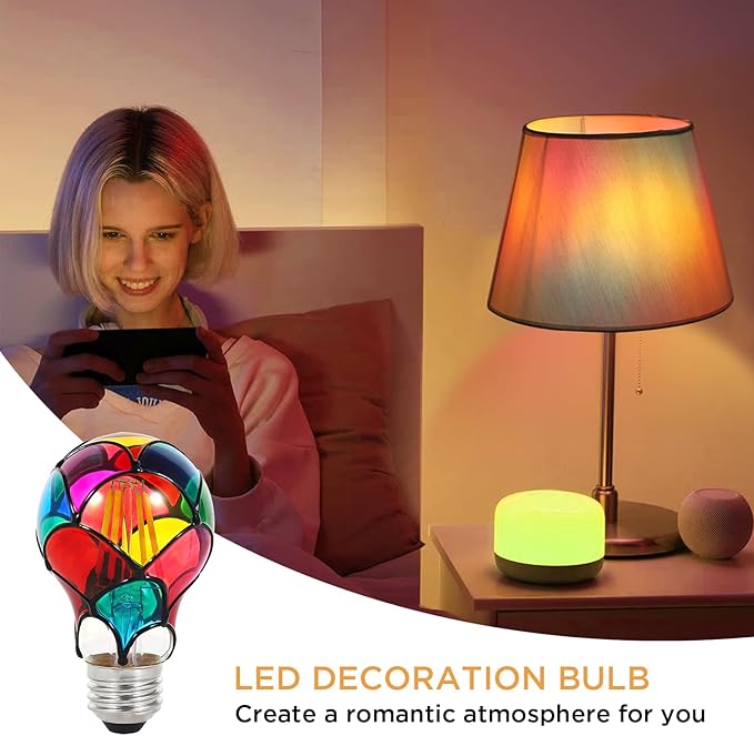 Dimmable Stained Glass LED Light Bulb, 3.5W E26 Base A19/A60 Festive Atmosphere Color Bulb, for Home Light, Party, Festive Decoration, 2 Pack