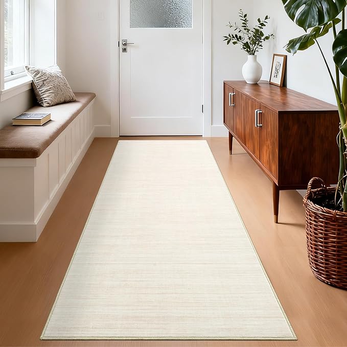 Hallway Runner Rug 2.5x8 Washable Non Slip Kitchen Runner Rugs Low Pile Modern Solid Color Living Room Rugs Minimalist Plain Entry Long Runners Boho Accent Solid Runner Rugs for Bedroom Nursery, Ivory