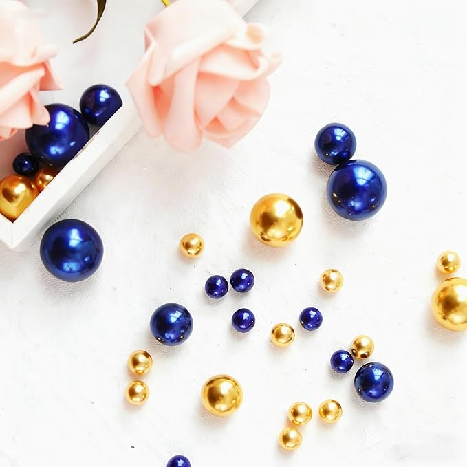 1400Pcs Navy Blue and Bright Gold Vase Filler Pearl Beads for Crafting 8mm Beads No Holes Decor Suitable for Wedding Decor, Party Decorations, Centerpiece Table Decorations