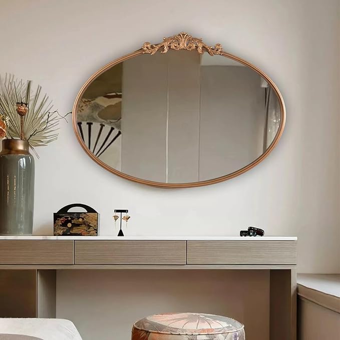 HQiJun Oval Gold Mirror for Bathroom Vanity, Baroque Ornate Vintage Wall Mirror with Large Rounded Metal Frame, Decorative Antique Brass Mirror for Bedroom, Dresser, Entryway (Gold, 24”x 35.5" x1.2")