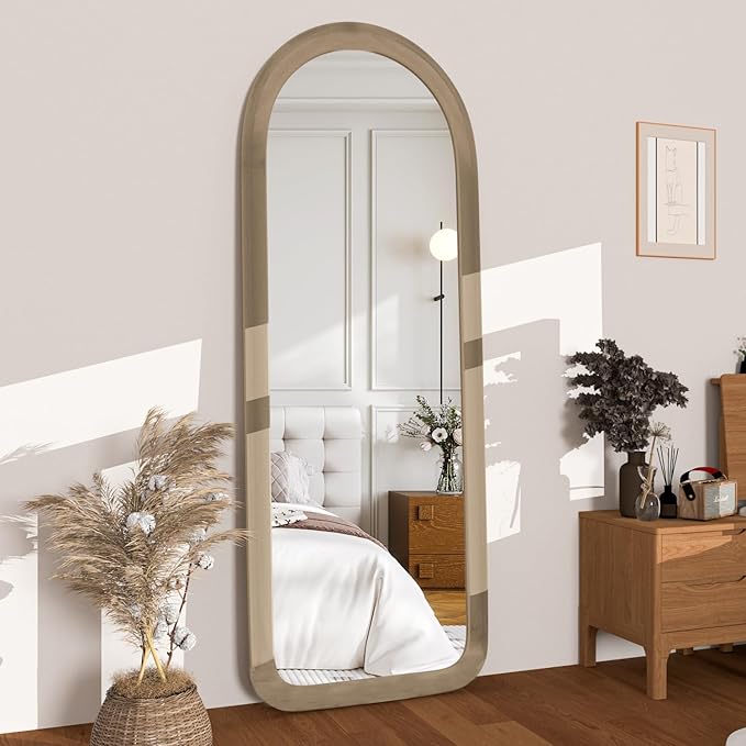 Full Length Mirror 56"x20" Arch Floor Mirror with Stand Arched Full Body Mirror Standing Hanging or Leaning Against Wall for Bedroom Flannel Wrapped Wooden Frame Milk Tea