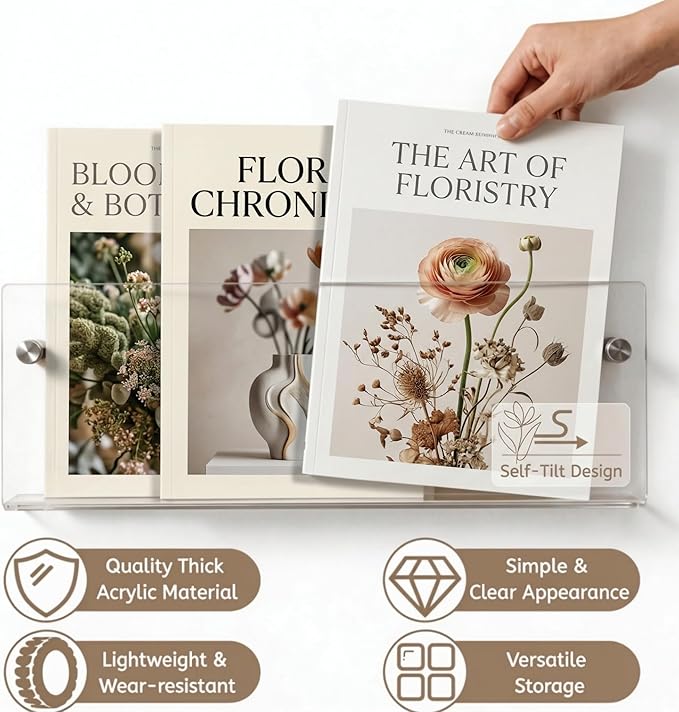 2-Pack Acrylic Magazine Holder Wall Mounted - Clear Wall Shelf Organizer for Books, Brochures, Mail, Office, Home, Living Room, Waiting Room Storage
