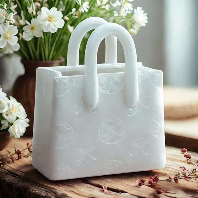 Handbag Shaped Ceramic Vase – White Small Decorative Vase with Clover Pattern, 5.9" L x 2.95" W x 7.08" H, Multi-Use for Flowers, Makeup Brushes & Pens, Elegant Gift for Women, Home & Wedding Decor