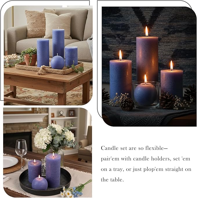 Dark Blue Rustic Textured Pillar Candles Set - 4 Pcs Assorted Sizes Unscented Pillar Candle, Decorative Farmhouse Candles for Home Centerpiece Decor, Holiday Dinner Table, Dripless & Smokeless