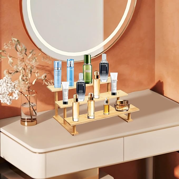 Riser Display Stands Wooden Cologne Organizer 3 Tier, Makeup Organizer for Vanity, Cupcake Stand Holder, Shelf Risers for Figures, Dessert Shelves for Party, Skin Care for Decoration Tray