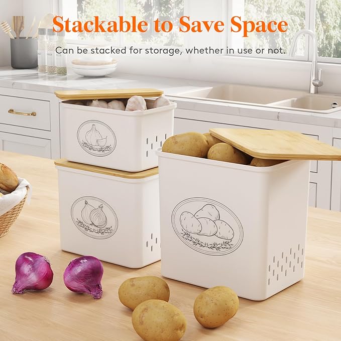 Lifewit Potato and Onion Storage Bin, Stackable Garlic Keeper with Aerating Holes and Lid, Plastic Vegetable Container Box for Pantry Countertop, White, 24 x 18 x 24 cm/9.5 x 7 x 9.5 inch, Set of 3