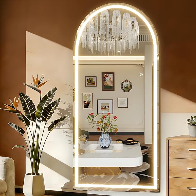 Arched 180x80cm Full Body Mirror with Light, LED Floor Mirror, Wall Mounted Dimming & 3 Color Lighting for Bedroom, White