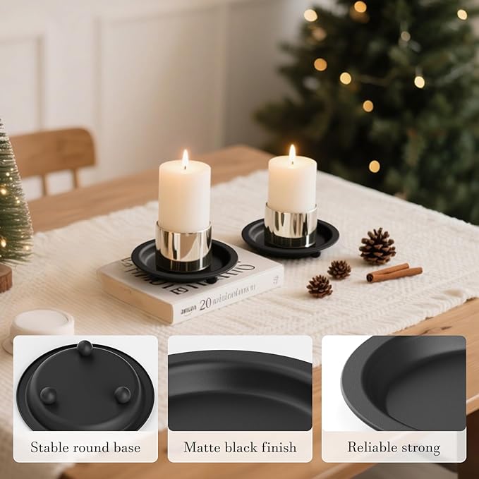 Black Candle Holder Decor, 4.13 Inch Round Candles Tray Holders Set of 4, Iron Plate Candle Stand for Pillar Ball Candles, Metal Porta Velas for Wedding Home Decor Table Centerpiece