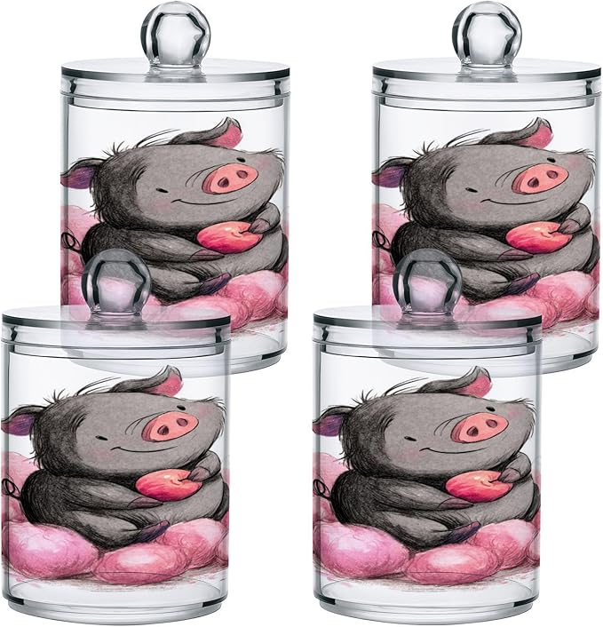 2 Pack Apothecary Jars,Charming Pig Art Bathroom Vanity Storage Organizer Set,Small Clear Plastic Storage Jars Bathroom Canister for Cotton Swabs,Rounds,Balls,Qtips,Makeup Sponges