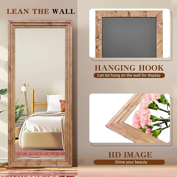 Full Length Mirror 76"x34" Solid Wood Frame Floor Large Mirror for Living Room, Bedroom Hanging or Leaning Wall-Mounted, Light Brown