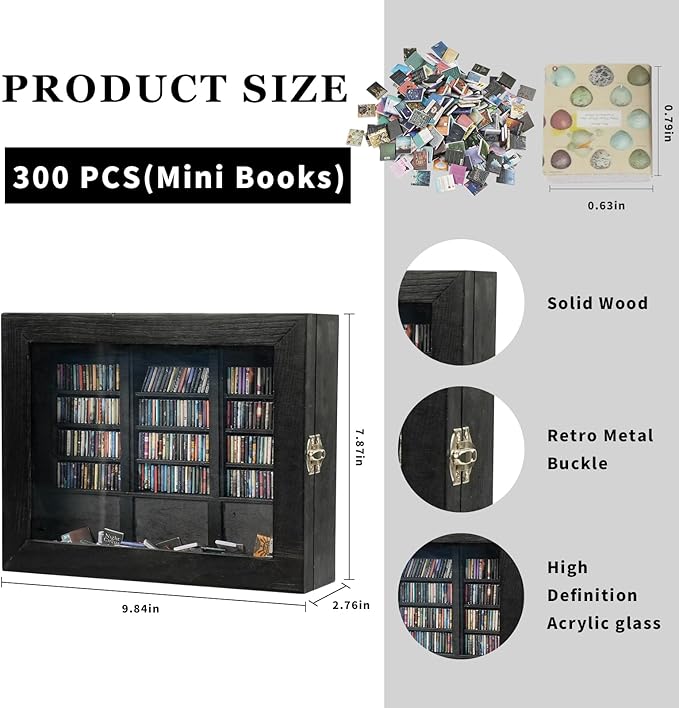 Anxiety Bookshelf - Shake Off Your Anxiety,Miniature Display Shelf,Contains 240 Miniature Book Models,Antique Style Gift Decoration Mini Bookshelf (Black)