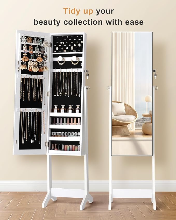 Nicetree Jewelry Cabinet Armoire, Freestanding Jewelry Armoire Organizer with Full-Length Mirror, Lockable Jewelry Storage Cabinet, Frameless Mirror, 3 Adjustable Angles, Moon White