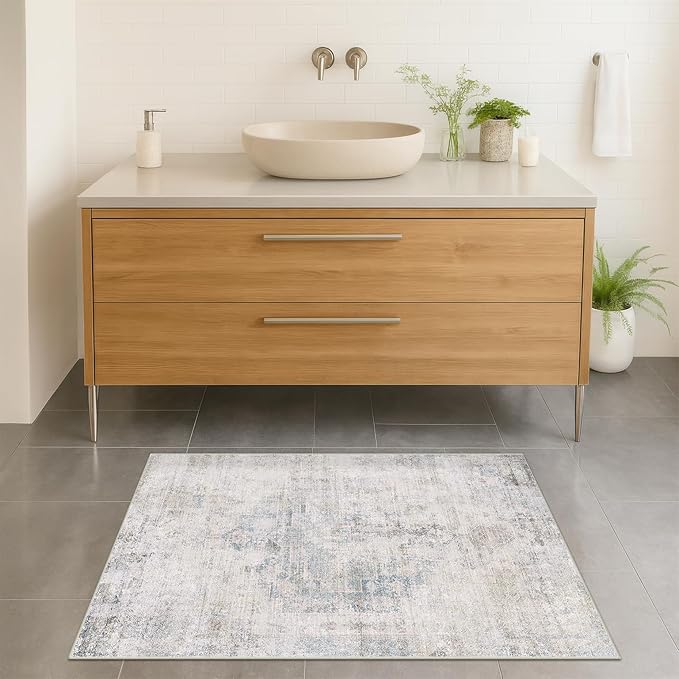 Light Blue 2x4 Runner Rug for Bathroom, Entryway Indoor, Kitchen Floor Waterproof, Powder Room, Washable Non Slip Low Pile Stain & Fade Resistant, Modern Eclectic Dusty Blue Décor