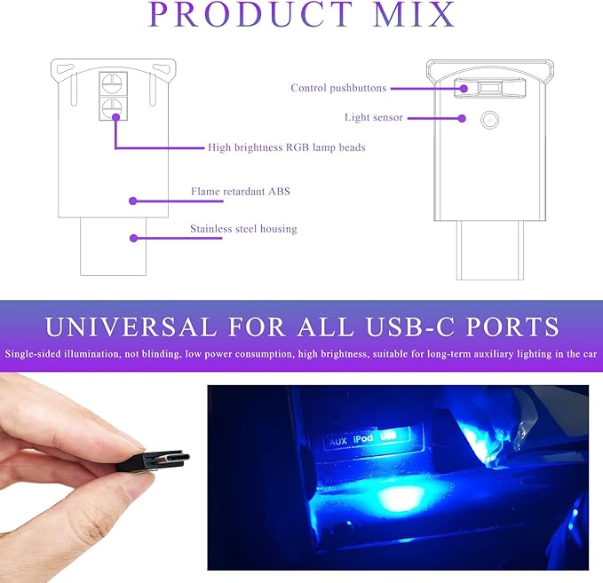 2 PCS USB Type C LED Ambient Light, 8 Colors RGB Car Interior Atmosphere Lamp, Plug-in USB Interface Mini LED Night Light, Portable Decoration Lighting Kit for Car Laptop
