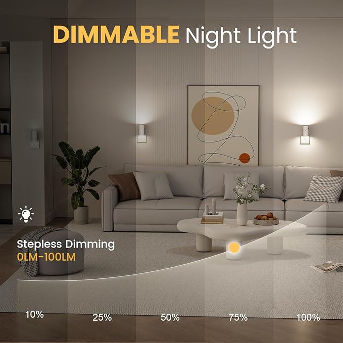 VOLISUN Night Lights Plug into Wall, Dimmable LED Nightlight with Dusk to Dawn Light Sensor, 0-100LM Adjustable Brightness, 3 Color Temperatures, Compact Size, 2 Pack for Hallway, Bathroom White
