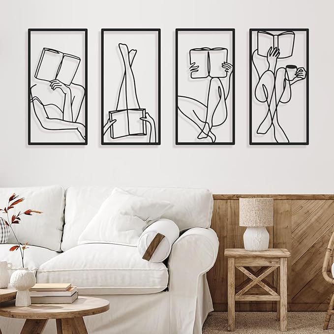 Bakovity Black Metal Wall Art, Minimalist Line Wall Decor, Abstract Woman Book Wall Decor, Modern Aesthetic Metal Art for Bedroom Bathroom Living Room (4 Pcs, 17 x 9 in)