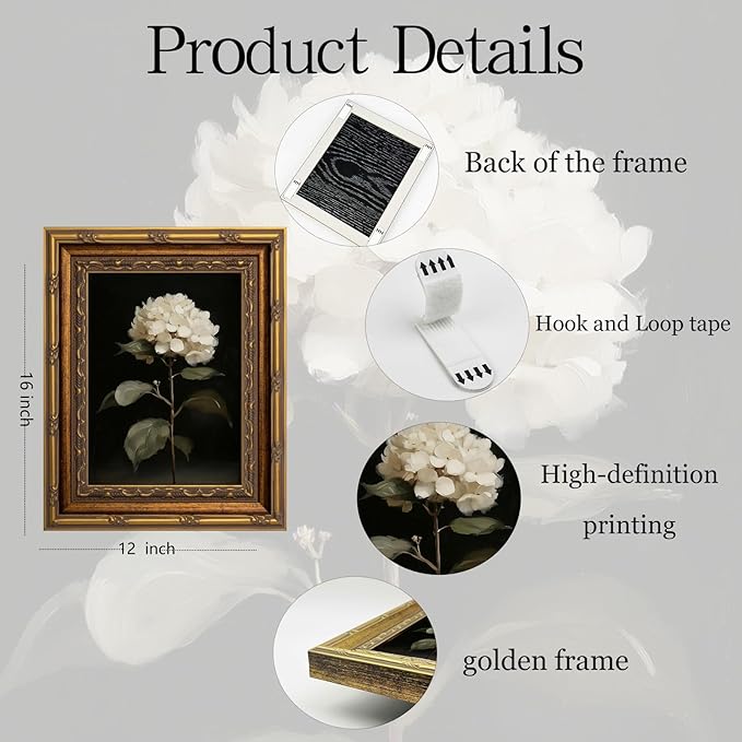 Vintage Gold Framed Wall Art White Hydrangea Wall Art Vintage Botanical Floral Wall Decor Picture Rustic Cottagecore Aesthetic Flower Poster Print for Living Room Bedroom 12x16in