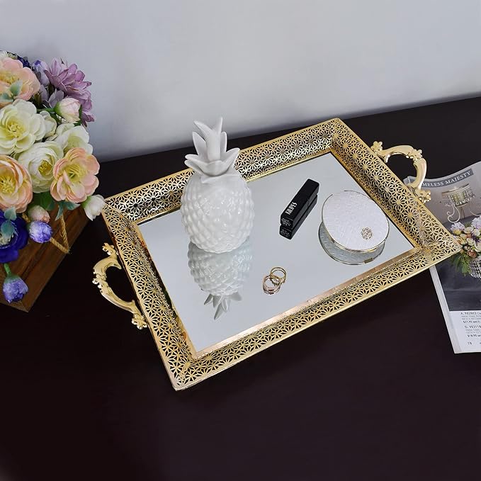 Decorative Glass Mirrored Tray Home Decor Vanity Tray for Dresser Make Up Jewelry Organizer Gold Perfume Tray Rectangle
