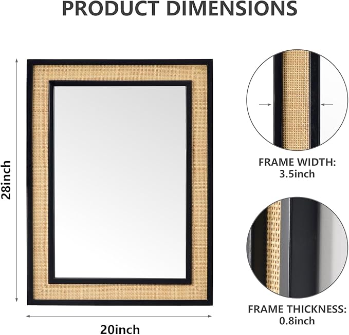 Rectangle Rattan Mirror, 20"x28" Rattan Wall Mirror, Farmhouse Wooden Vanity Mirror with Handmade Wicker Frame, Decorative Boho Mirror for Nursery Bedroom Living Room Entryway Black