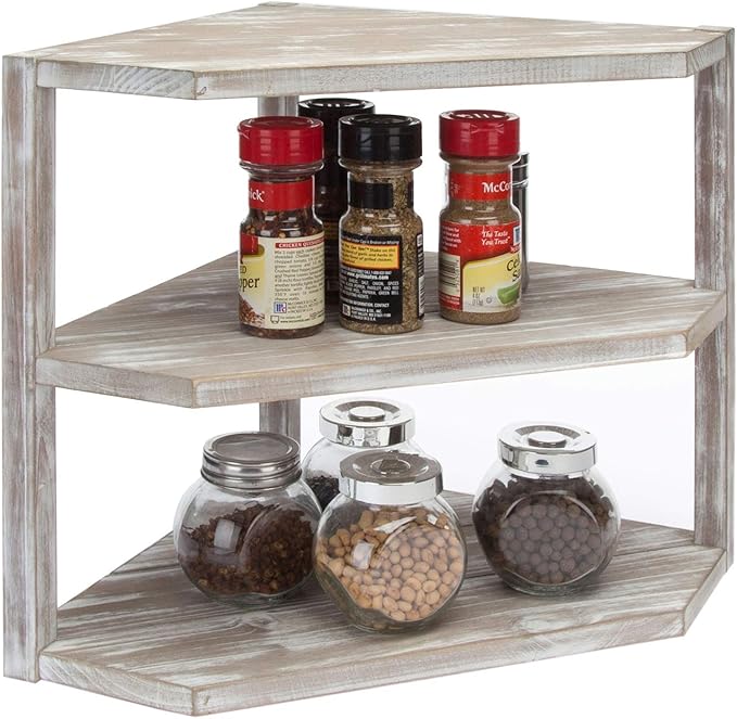 MyGift 3 Tier Counter Corner Shelf for Kitchen, Countertop Spice Rack, Dish Plate & Bread & Fruit Storage Organizer Condiment Shelf, Rustic Brown Washed Solid Wood