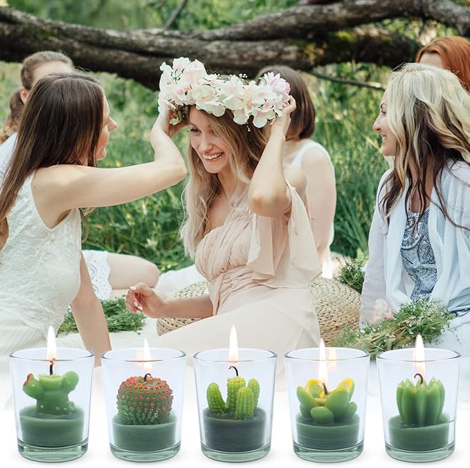 12 Pcs Decorative Succulent Cactus Tealight Candle Set - Handmade Mini Glass Holders, Decorative Votive Candles for House-Warming Party Wedding Baby-Shower and Home Decoration Gifts