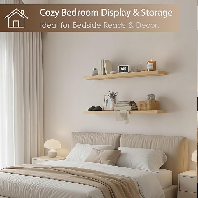Lufia Floating Wall Shelves, Set of 2, MDF with Invisible Brackets, Modern Storage for Bedroom, Bathroom, Living Room, Kitchen (Oak, 32" W x 7" D x 1.5" H)