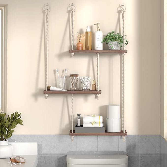 REFGY Hanging Shelves for Wall, 3 Tier Boho Hanging Plant Shelf, Floating Shelves Rope Rustic Wood Organizer Storage Hanger Rack for Aesthetic Home Bedroom Kitchen Bathroom (Champagne Flower)