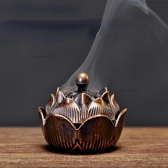 3 PCS Vintage Lotus Incense Holder for Stick and Cone Incense - Classical Brass Incense Burner Holder with Ash Catcher, Antique Censer for Home, Office, Meditation & Feng Shui Decor (Russet Bronze)