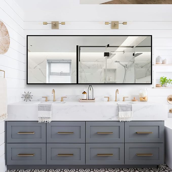 NeuType Full Length Mirror, 64"x21" Body Mirror with Stand Floor Standing Wall-Mounted Hanging or Leaning Against Wall Aluminum Alloy Thin Frame (Black)