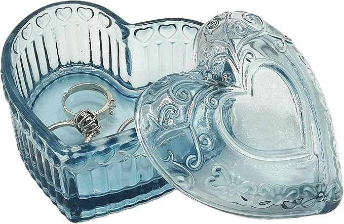 Glass Jewelry Box Heart Shape Cute Box for Storage Ring Earring Trinket Vintage Jewelry Organizer Decorative Gift for Women Girls-GRB003-Dark Blue