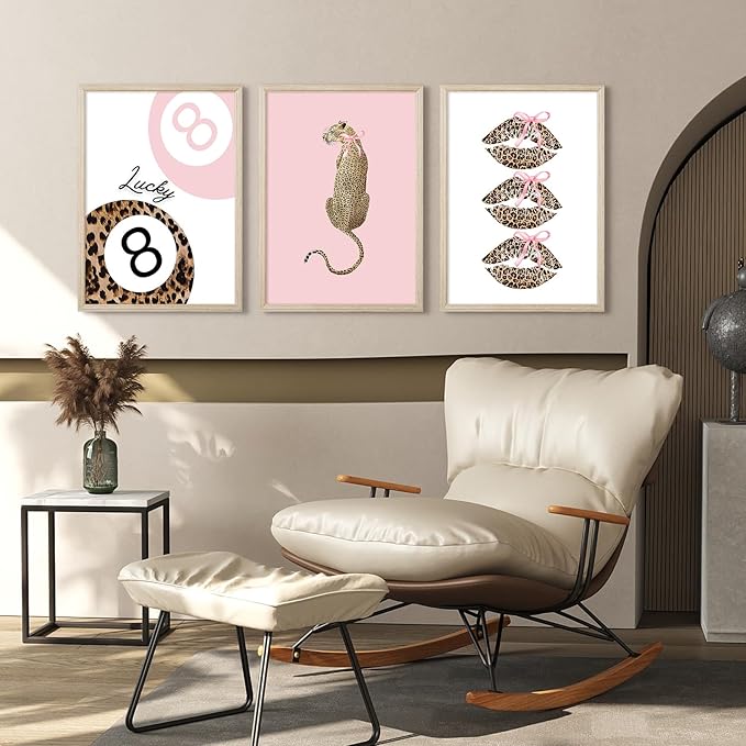 Pink Leopard Wall Art Decor Cheetah Trendy Poster Preppy Aesthetic Canvas Room Decor Pictures Coquette Y2k Wall Art 8 Ball Prints Pink Fashion Bow Artwork for Girls Bedroom 12x16x3 Inch Wood Framed
